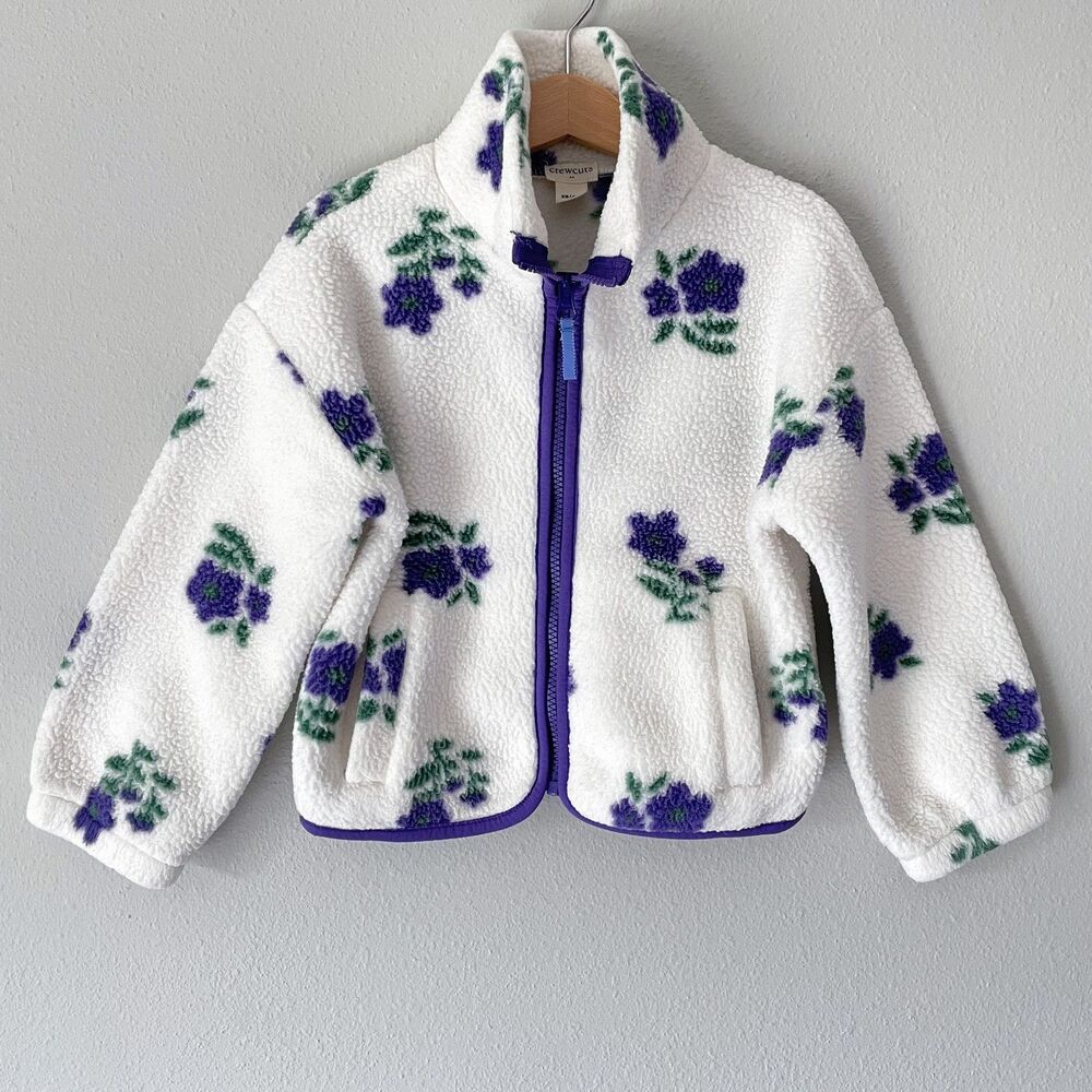 Crewcuts Girls' Floral Sherpa Sweatshirt XS (4-5) Full Zip Jacket Purple White